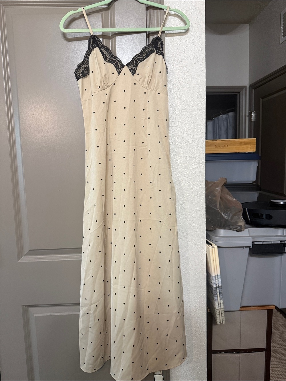 SHEIN Cream Polka Dot Slip Dress with Black Lace